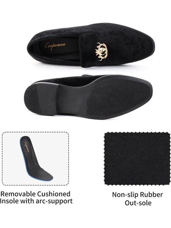 Cenprmon Men\'s Black Elegant Velvet Loafers Metal Buckle Penny Slip On Shoes